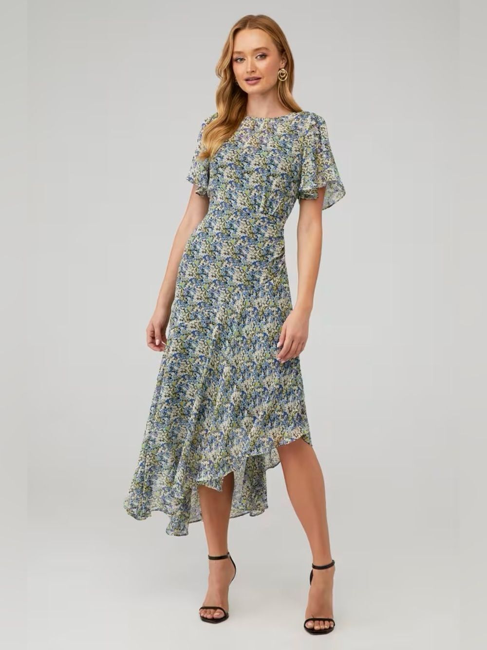 ASTR Women's Mirella Midi Dress in Black Blue Floral Size Medium